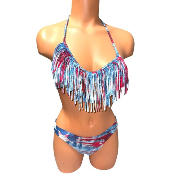 Body Glove Fringe Halter Bikini Set Blue/Red Tie-Dye Print - Picture 5 of 14